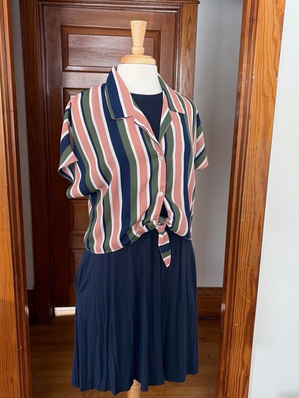 Sage the Label Striped Tie-Front Blouse in Navy, Pink & Olive
